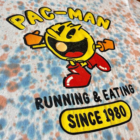 Pac-Man Running & Eating Logo Crew Neck Shirt Men XL White Tie Dyed Retro Gaming - Picture 4 of 8